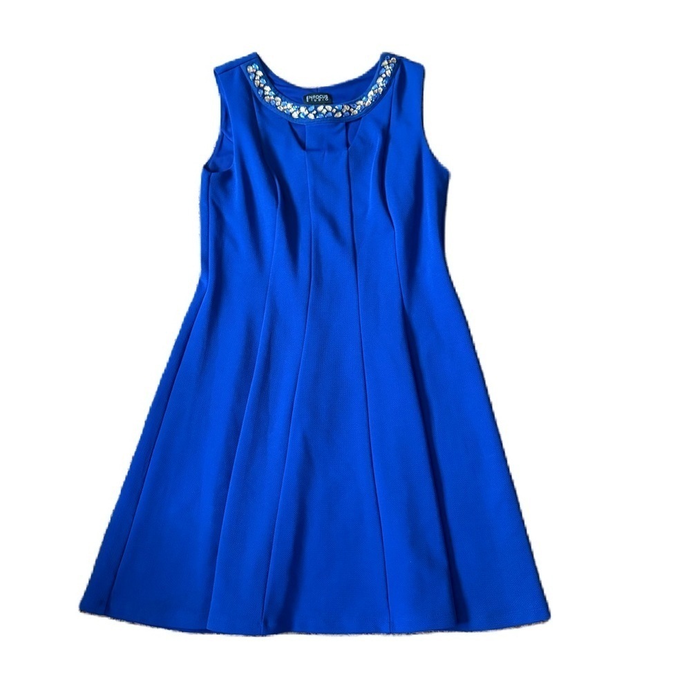 Enfocus Beaded Neckline A-line Dress Sz 12 Blue Midi Pleated Evening Formal